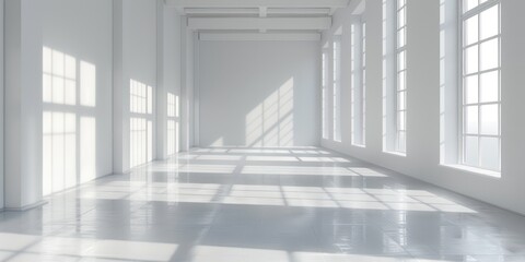 Obraz premium Spacious empty white room with large windows and natural light, ideal for studio, office, or gallery space.