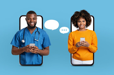 Black man medical professional in blue scrubs and a woman are engaged in a text conversation. Both...
