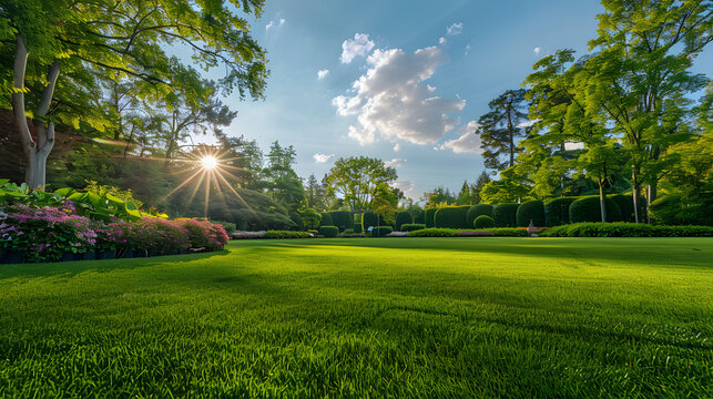 a beautiful garden lawn with a large beautiful blue sky in the background