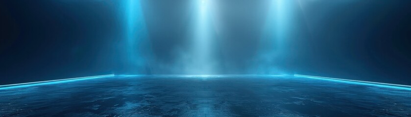Abstract futuristic blue light beams illuminating a dark empty space with a mysterious, high-tech atmosphere.