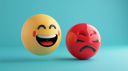 Fototapeta premium A photorealistic 3D of a topaz laughing emoji next to a pastel red sad emoji, both on a solid cyan background, highlighting the contrast between warmth and coolness.