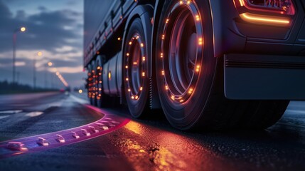 Close-up of illuminated truck wheels on a wet road during evening, showcasing modern transportation technology and safety features.