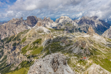 Dolomites beautiful mountain landscape on a sunny day. Hiking in the Alps in Italy, South Tirol mountain range of Alpi Dolomiti di Sesto near Cortina di Amprezzo and Tre Cime di Lavaredo alpine scene