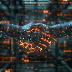 Digital futuristic handshake symbolizing artificial intelligence and technology agreements in an advanced digital world.