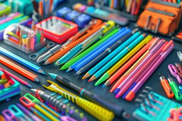 The Back to School Sale features a detailed closeup shot of colorful stationery items arranged neatly