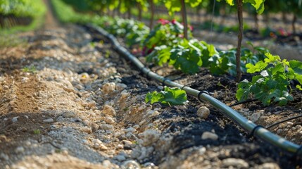 A drip irrigation system installed on the side of a hill allowing for efficient watering of crops on sloped land.