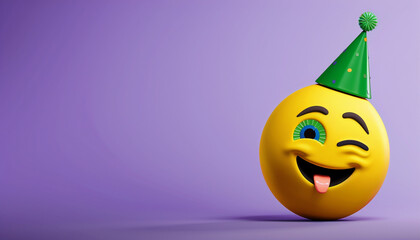 Perfectly circular yellow emoji with a winking expression, sporting a green party hat, right side, violet background with left text space.