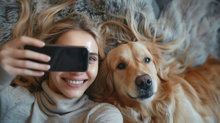 Saving memories with pet. Smiling woman with blond hair snuggling to furry friend and taking selfie on modern cell phone. Obedient golden retriever lying on floor near delighted female owner