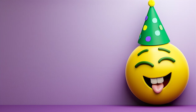 Perfectly circular yellow emoji with a winking expression, sporting a green party hat, right side, violet background with left text space. - Powered by Adobe