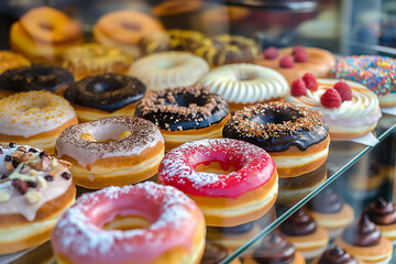 Fresh bakery donuts on the shelf of a pastry shop