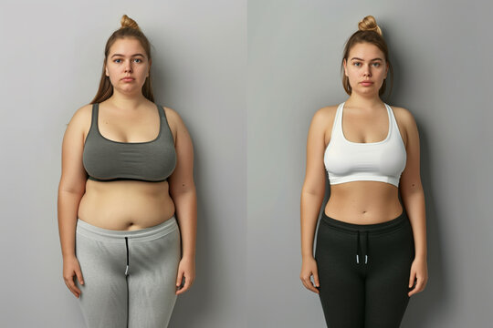 Before and after weight loss health exercise photos comparing a woman's progress
