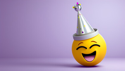 Winking yellow emoji with a silver party hat, right side, violet background, left text space.