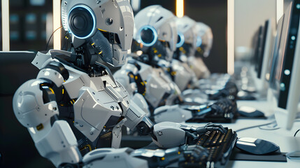 Fototapeta premium Robot working at computer among people. Maschine typing on keyboard in office. IT team of future. Futuristic worker. Humanoid work at call center. Support job. Selling concept. Technologies.