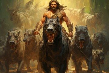 Fototapeta premium A fearsome beastmaster, commanding a pack of loyal and deadly creatures. - Generative AI