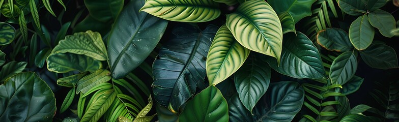 Obraz premium Closeup of green leaves in the jungle, with dark background. The leaves form an abstract pattern, with the entire composition surrounded by dense foliage.