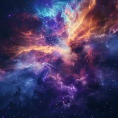 Fototapeta premium Nebula with vibrant hues of blue, purple, and fiery orange. The swirling interstellar clouds create an awe-inspiring, dynamic scene, dotted with bright stars scattered across the cosmic expanse.