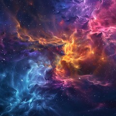 Fototapeta premium a stunning nebula with vivid colors of blue, purple, and fiery orange. The swirling interstellar clouds create a mesmerizing and dynamic scene, with bright stars scattered throughout the vast expanse.