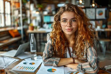 Confident young businesswoman with curly hair working in a modern office