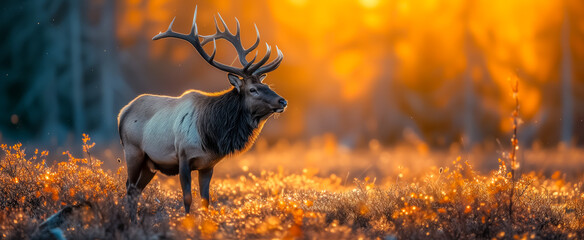Majestic elk standing in golden autumn landscape at sunset
