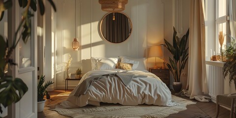 Bright and airy bedroom design in an apartment with a kingsize bed, soft linens, and warm lighting