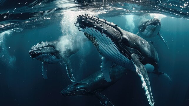 A group of Humpback whales consuming krill
