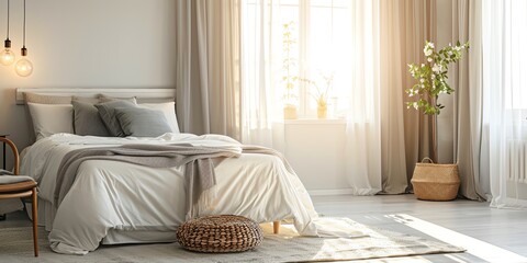 Bright and airy bedroom design in an apartment with a kingsize bed, soft linens, and warm lighting