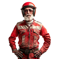 Fototapeta premium Elderly man dressed in vintage red motorcycle attire with helmet and gloves, on transparent background