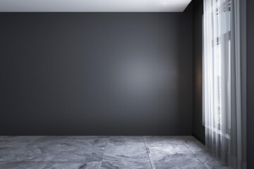 Modern empty living room and black wall texture background interior design. 3D rendering.