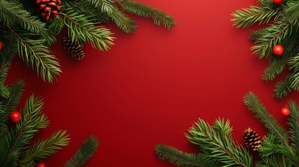 festive holiday banner featuring christmas tree branches on red backdrop.