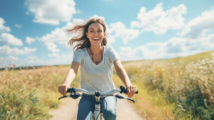 Smiling woman riding a bicycle on a rural path with wildflowers, sunny day with blue sky and white clouds, carefree and joyful