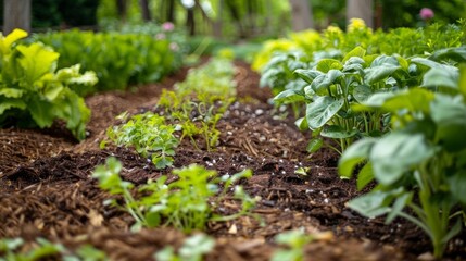 A small garden with rows of plants surrounded by leaf mulch from a nearby compost pile.