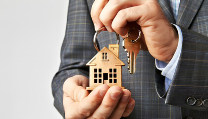 Real estate agent holding house key with trinket on white background, closeup