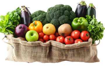 A diverse collection of fresh vegetables and fruits in a burlap sack, showcasing healthy eating.