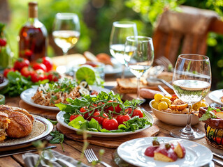 Summer photo of a table with food on which stands white wine in glasses