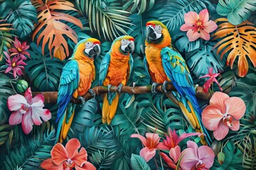 Beautiful seamless floral summer pattern background with parrot, palm leaves, plumeria. Perfect for wallpapers, web page backgrounds. AI generated illustration