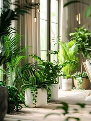 A photo of lush green plants in white ceramic pots, placed around the room, adding life and character to an elegant home decor style. The setting includes natural light streaming through large windows