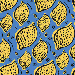 Fresh lemons seamless pattern for fabric, drawing labels, prints, wallpaper, fruit background. Lemon doodle style, vector illustration