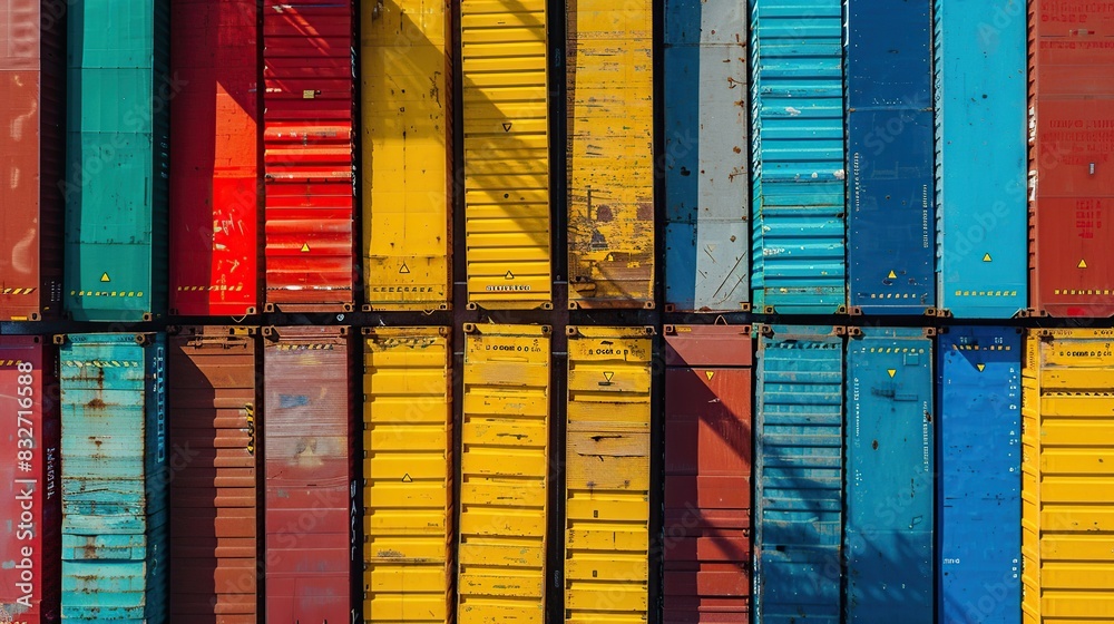 Poster aerial closeup photo of colourful container seaside port and logistics terminal in crane area.