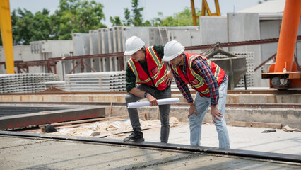 Engineer or architect with a hardhat examines the schedule on a set of plans. Two businessmen, both engineers, at the construction site.