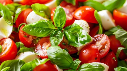 Fresh and flavorful salad featuring juicy tomatoes, creamy mozzarella, and aromatic basil, presented from above.