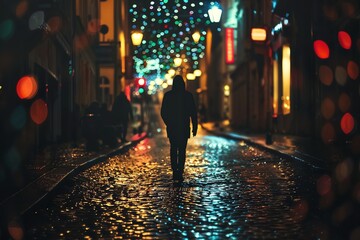 Obraz premium A lone figure stands on a cobblestone street, illuminated by city lights and neon signs, captured in stunning night photography, bokeh effect background, moody and atmospheric