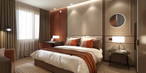 Elegant guest bedroom design in an apartment with a queensize bed, stylish bedding, and a writing desk