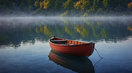 A captivating red boat, gracefully floating on the tranquil waters of a calm lake. The perfect...