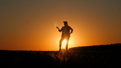 Cheerful woman dancing in a field at sunset, playing air guitar