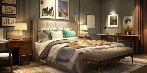 Elegant guest bedroom design in an apartment with a queensize bed, stylish bedding, and a writing desk