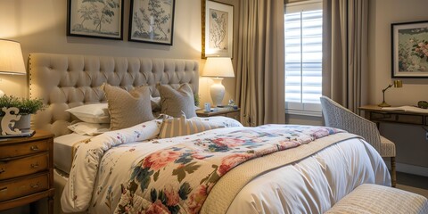 Elegant guest bedroom design in an apartment with a queensize bed, stylish bedding, and a writing desk