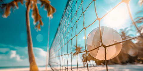 Beach volleyball under blue sky with net, summer seascape perfect for vacation planning websites, travel agency promotions, and sports event flyers, includes ample copy space for customized messages