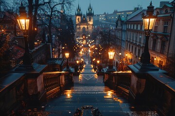 Fototapeta premium A city street at night with a bridge and a cathedral in the background