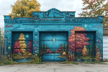 A blue building with three doors and a mural of a forest on the side