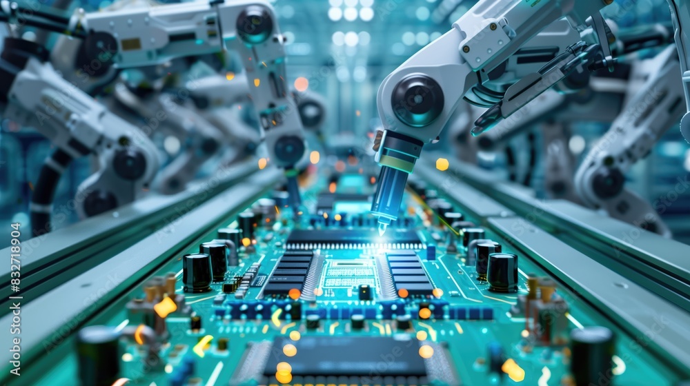 Poster advanced high precision robot arms on fully automated pcb assembly line inside modern electronics fa